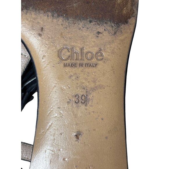 Chloe Sandals Size 39 / 9 Black Suede Fringe Ankle Straps Flats Gold Accent - Picture 10 of 11